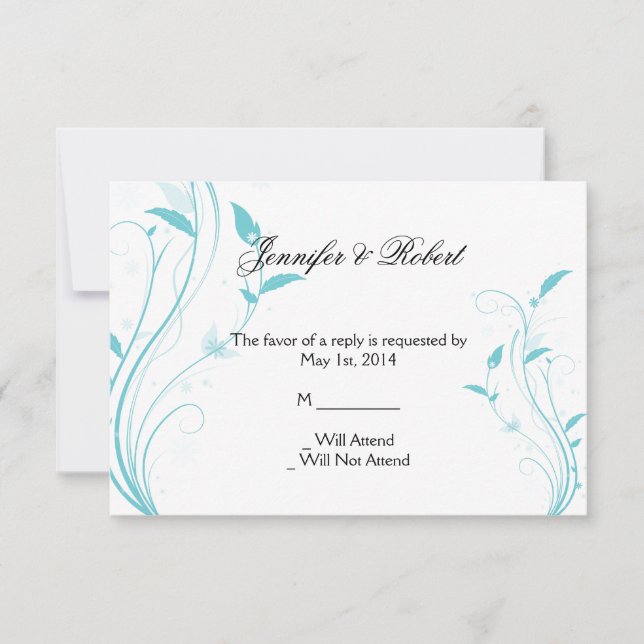 Aqua Blue Floral Filigree Response Card RSVP Karte (Vorderseite)