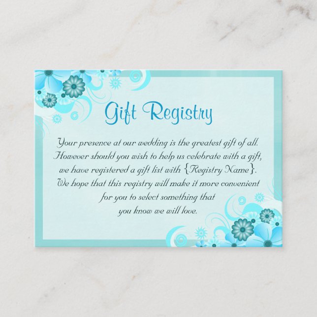 Aqua Blue Floral Mini Wedding Gift Registry Begleitkarte (Vorderseite)