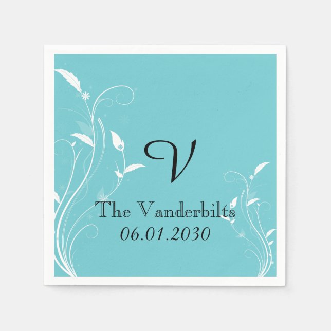 Aqua Blue Floral Monogram Wedding Monogram Wedding Serviette (Vorderseite)