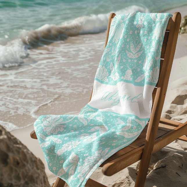 Aqua Blue Floral Personalisiert William Morris Sty Strandtuch (Von Creator hochgeladen)