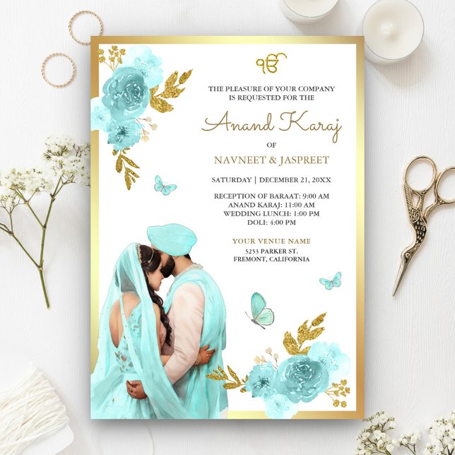 Aqua Blue Floral Punjabi Anand Karaj Sikh Wedding Einladung (Von Creator hochgeladen)