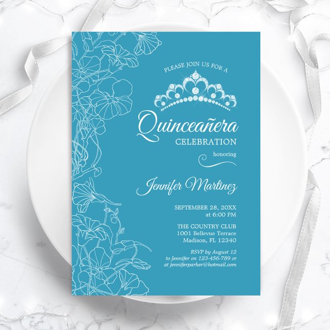 Aqua Blue Floral Quinceanera Party Einladung (Von Creator hochgeladen)