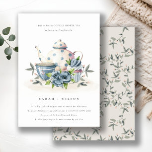 Aqua Blue Floral Teapot Cup Paare Dusche einladen Dankeskarte