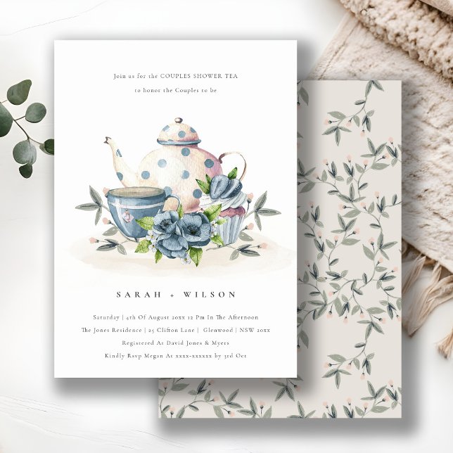 Aqua Blue Floral Teapot Cup Paare Dusche einladen Dankeskarte (Von Creator hochgeladen)