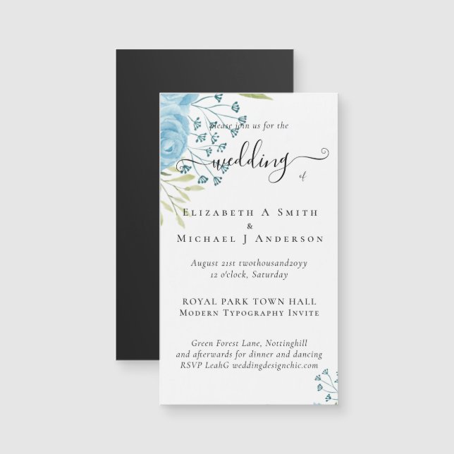 Aqua Blue Floral Wedding Magnetkarte (Vorne/Hinten)