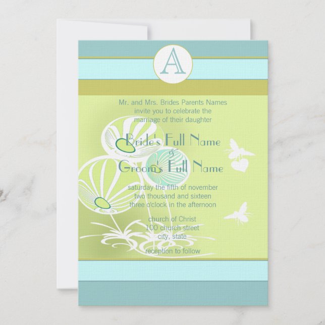 Aqua Blue Flowers und Bienen Hochzeitsempfang Einladung (Vorderseite)
