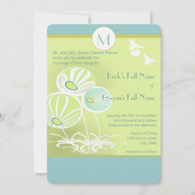 Aqua Blue Flowers und Bienen Hochzeitsempfang Einladung (Vorderseite)