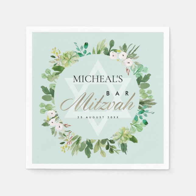 AQUA BLUE FOLIAGE KREATH STAR BAR BAT MITZVAH SERVIETTE (Vorderseite)