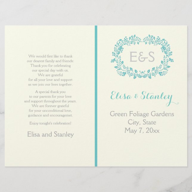 Aqua Blue Foliage Rahmen gefaltetes Hochzeitsprogr (Vorderseite)