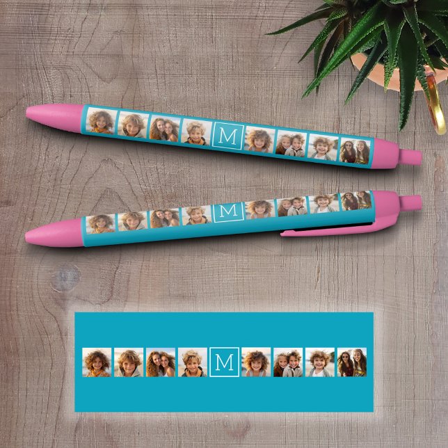 Aqua Blue Foto Collage Custom Monogram Kugelschreiber (Custom Pen - Personalize this writing pen with photos, your name, monogram or other text)