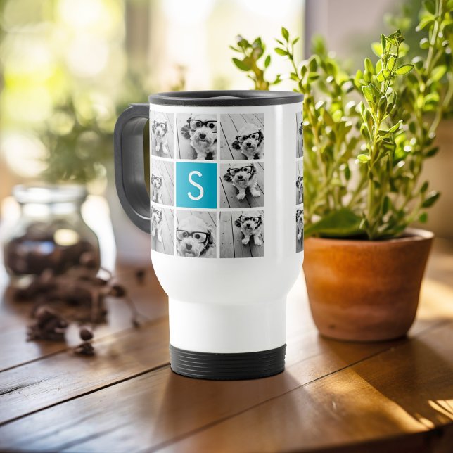 Aqua Blue Foto Collage Custom Monogram Reisebecher (Personalized travel mug - add photos and text or customize completely)