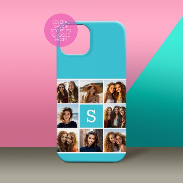 Aqua Blue Foto Collage Custom Monogram title_seo2 (Personalized Phone Case with Custom Photos and Text - Pick Your Device Style)