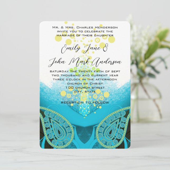 Aqua Blue Fuchsia, Limon Paisley Calla Lily Einladung (Stehend Vorderseite)