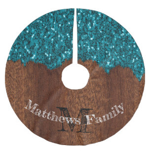 Aqua Blue funkel rustikale Holzfamilie Monogram Polyester Weihnachtsbaumdecke