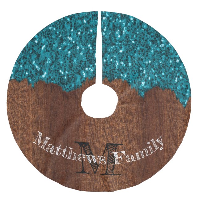 Aqua Blue funkel rustikale Holzfamilie Monogram Polyester Weihnachtsbaumdecke (Vorderseite)