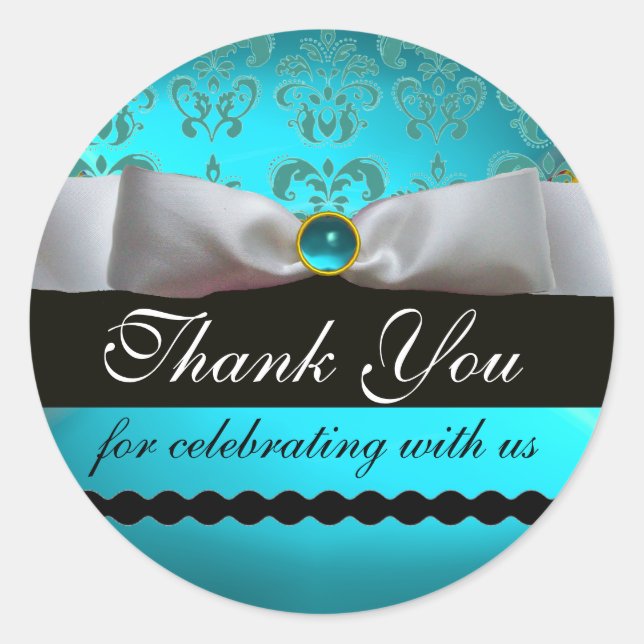 AQUA BLUE GEMSTONE, WHITE DAMASK RIBBON Vielen Dan Runder Aufkleber (Vorderseite)