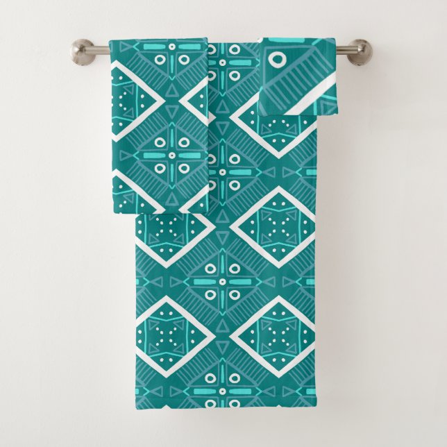 Aqua Blue Geometric Aquamarin Tile Print Muster Badhandtuch Set (Insitu)