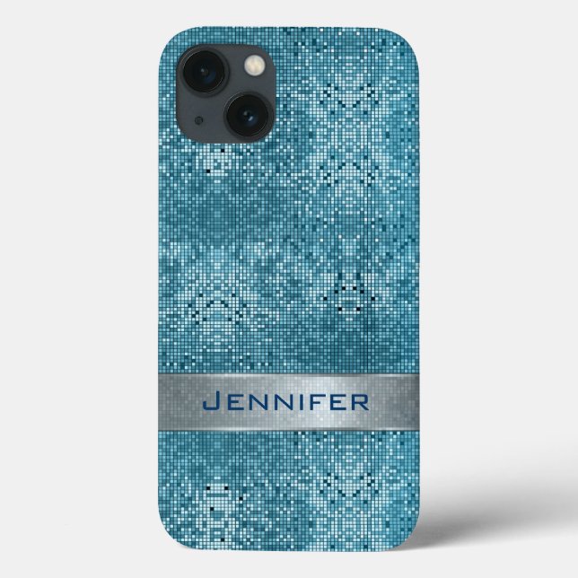 Aqua Blue Geometric Glitzer Muster Monogram Case-Mate iPhone Hülle (Rückseite)