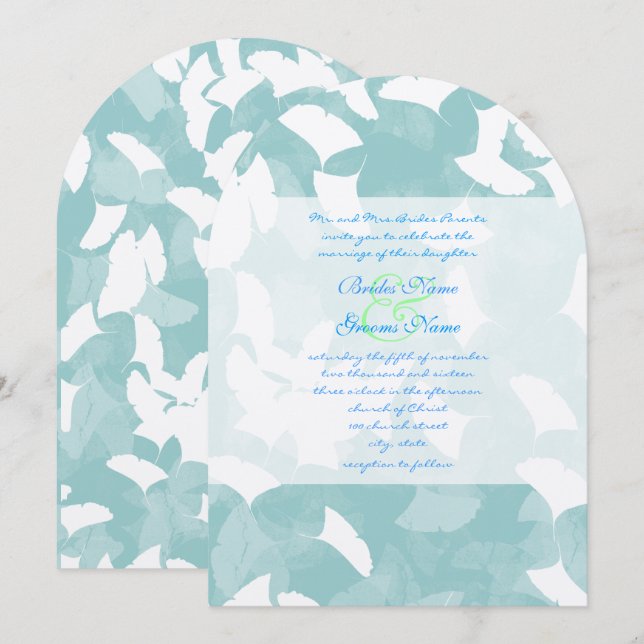 Aqua Blue Ginkgo Blätter Hochzeit Einladung (Vorne/Hinten)