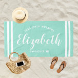 Aqua Blue Girls Personalisierter Name Strandtuch<br><div class="desc">Das personalisierte Strandtuchdesign für einen Mädchenwochenende bietet einen eigenen Vornamen in modernen Schriften,  gerahmt von Küstenstreifen,  mit eigenem Text für den Anlass. Die Aqua-blaue Hintergrundfarbe kann geändert werden. Bitte besuchen Sie unseren Shop für weitere Farboptionen.</div>