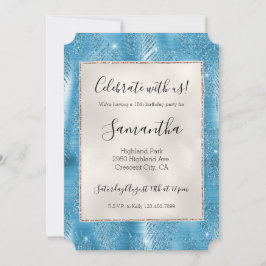 Aqua Blue Glam Glitzer Tropical Blätter Einladung