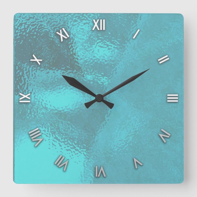 Aqua Blue Glass Look Wall Clock Quadratische Wanduhr (Vorderseite)