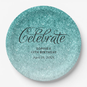 Aqua Blue Glitzer Celebrate Personalisiert Pappteller