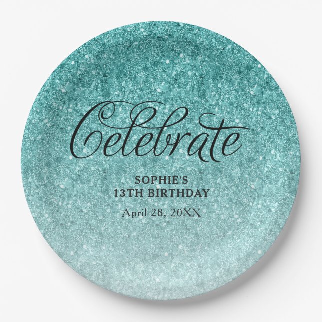 Aqua Blue Glitzer Celebrate Personalisiert Pappteller (Vorderseite)