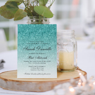 Aqua Blue Glitzer Glam Bat Mitzvah Einladung