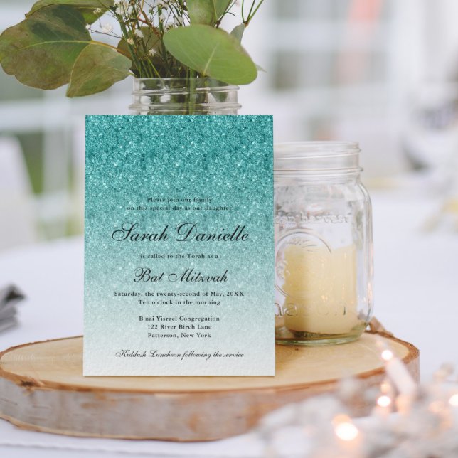 Aqua Blue Glitzer Glam Bat Mitzvah Einladung (Von Creator hochgeladen)