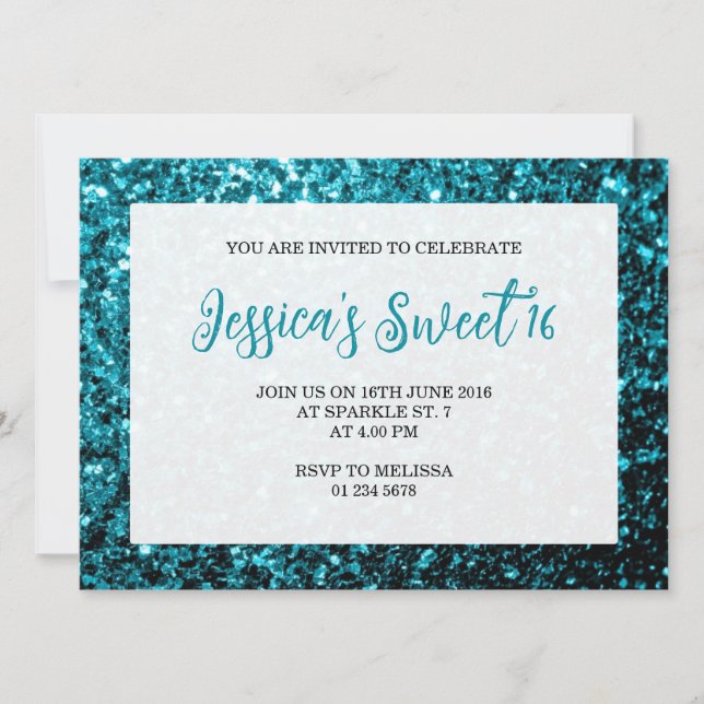 Aqua Blue Glitzer Glitzern Sweet 16 elegantes Dreh Einladung (Vorderseite)