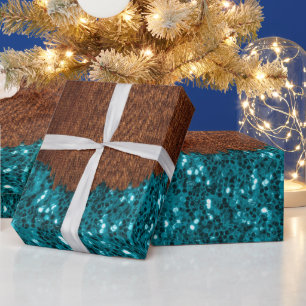 Aqua Blue Glitzern Glitzer rustikales braunes Holz Geschenkpapier