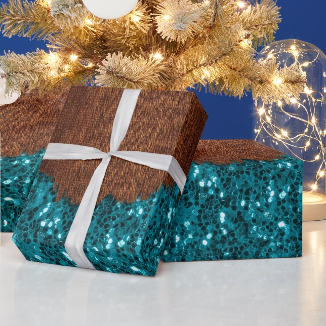 Aqua Blue Glitzern Glitzer rustikales braunes Holz Geschenkpapier (Feiertage)