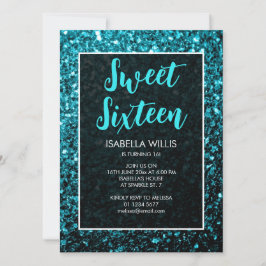 Aqua Blue Glitzern Sweet 16 elegante Schrift Einladung