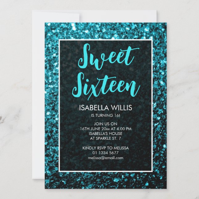 Aqua Blue Glitzern Sweet 16 elegante Schrift Einladung (Vorderseite)