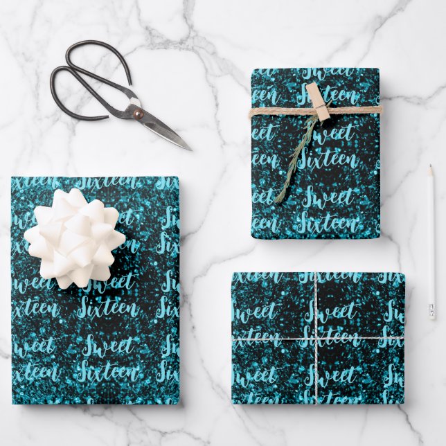 Aqua Blue Glitzern Sweet 16 elegantes Skriptmuster Geschenkpapier Set (Vorderseite)