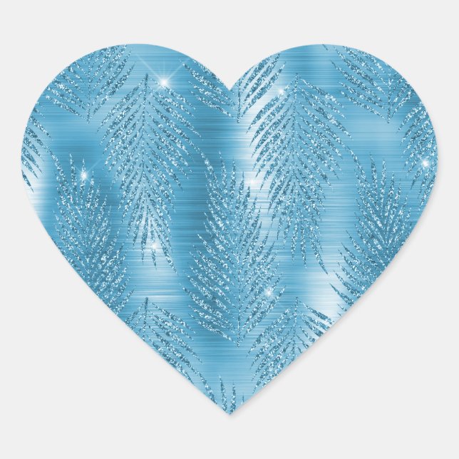Aqua Blue Glitzy Glitzer Tropische Blätter Herz-Aufkleber (Vorderseite)