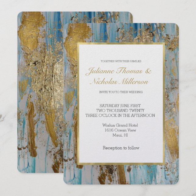 Aqua Blue Gold Abstrakt Wedding Einladung (Vorne/Hinten)