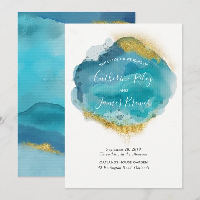 Aqua Blue & Gold Beach Wedding Einladung (Vorne/Hinten)