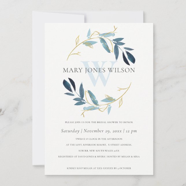 AQUA BLUE GOLD FOLIAGE WREATH BRAUTPARTY CARD DANKESKARTE (Vorderseite)