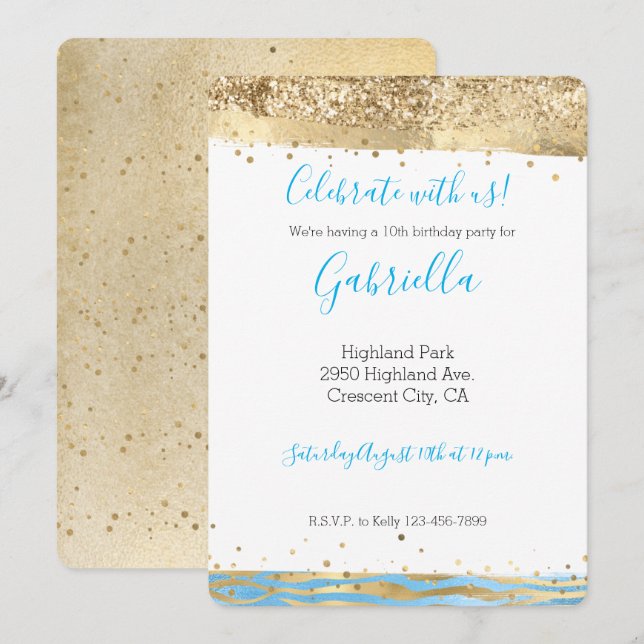 Aqua Blue Gold Glitzer Confetti Animal Print Einladung (Vorne/Hinten)