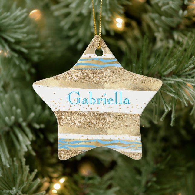 Aqua Blue Gold Glitzer Confetti Zebra Keramik Ornament (Baum)