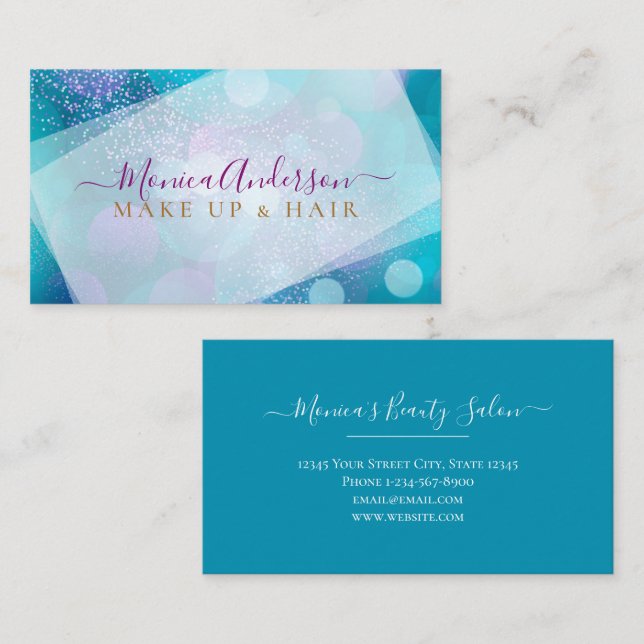 Aqua Blue Gold Glitzer Makeup Artist Salon Visitenkarte (Vorne/Hinten)