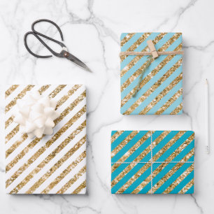 Aqua Blue Gold Glitzer Streifen Geschenkpapier Set