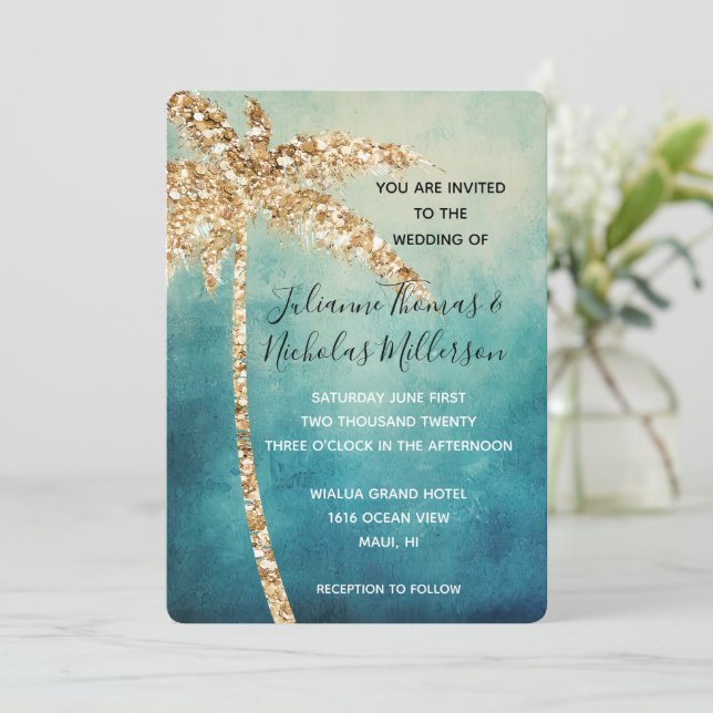 Aqua Blue Gold Glitzer Tropical Palm Tree Wedding Einladung (Stehend Vorderseite)
