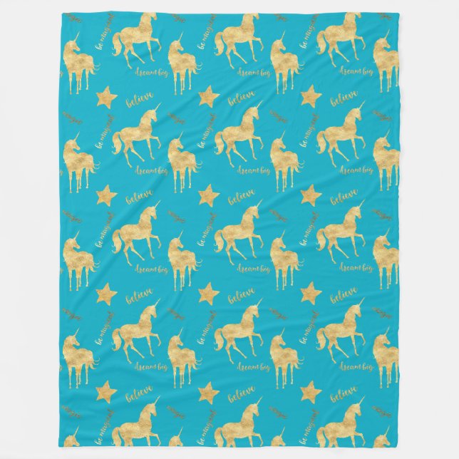 Aqua Blue Gold Magical Unicorn Birthday Fleecedecke (Vorderseite)