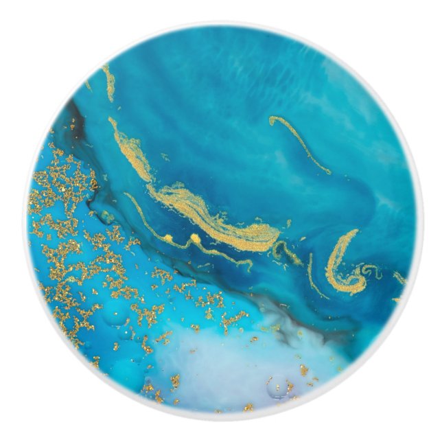 Aqua Blue Gold Marble Keramikknauf (Vorderseite)
