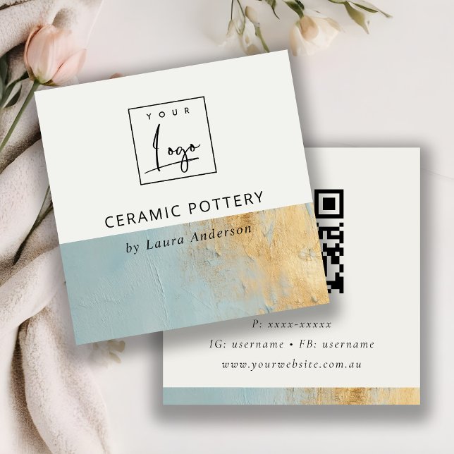 Aqua Blue Gold Oil Paint Texture Logo QR Code Quadratische Visitenkarte (Von Creator hochgeladen)