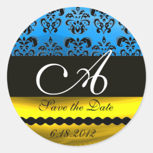 AQUA BLUE GOLD SCHWARZ-WEISS DAMASK MONOGRAMM RUNDER AUFKLEBER