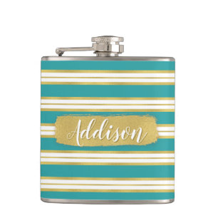 Aqua Blue Gold Streifen Muster Individuelle Name Flachmann